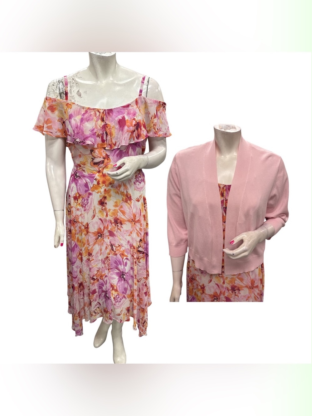 Laura Pink Floral Off-Shoulder Maxi Dress with Matching Pink Cardigan Size 2X